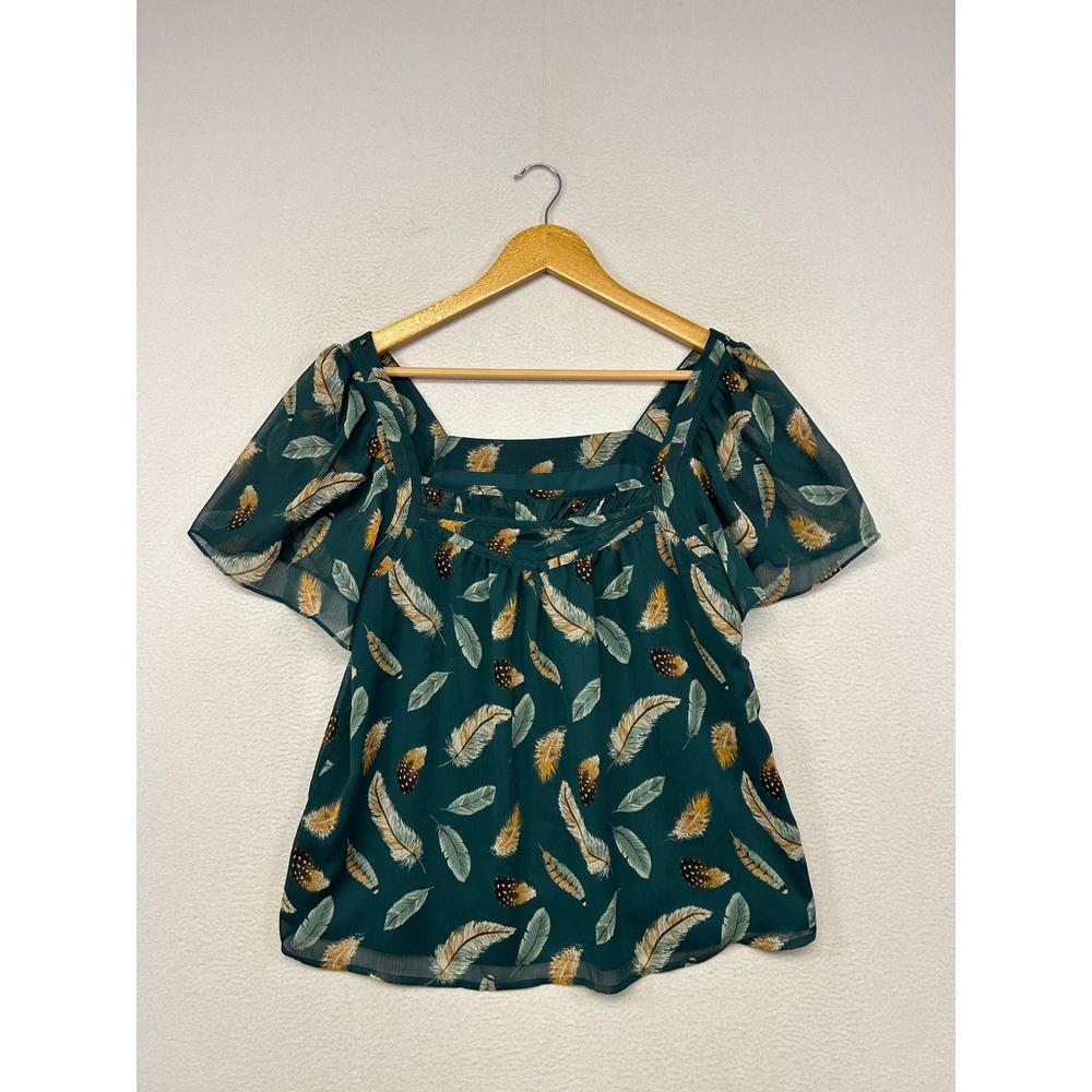 LOFT Boho Feather Print Women S Teal Green Flutter Sleeve Chiffon Blouse Whimisy